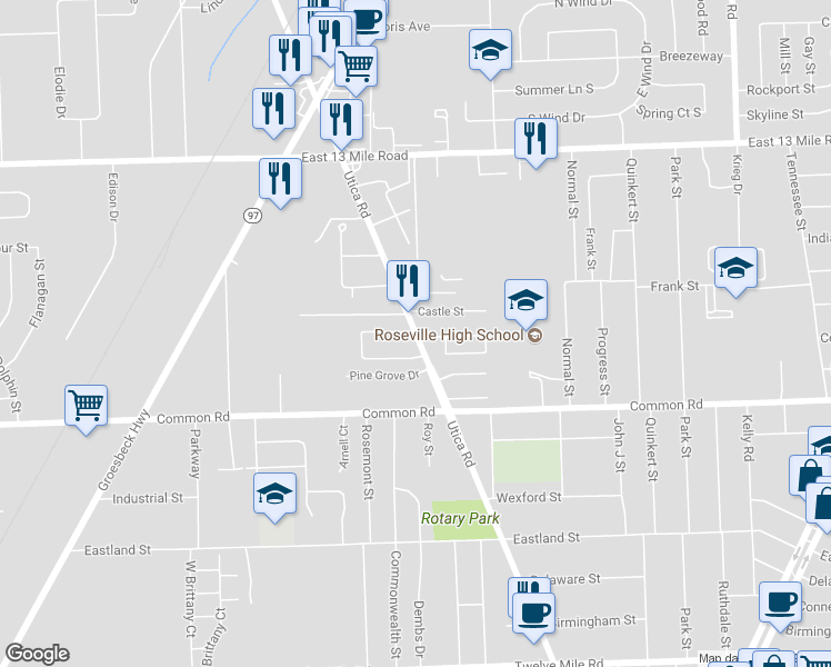 map of restaurants, bars, coffee shops, grocery stores, and more near 30209 Utica Road in Roseville