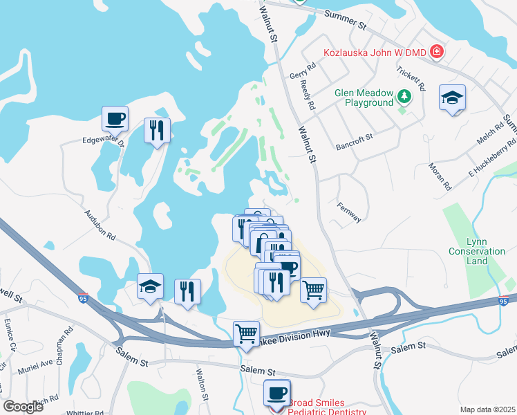 map of restaurants, bars, coffee shops, grocery stores, and more near 397 Walnut Street in Lynnfield