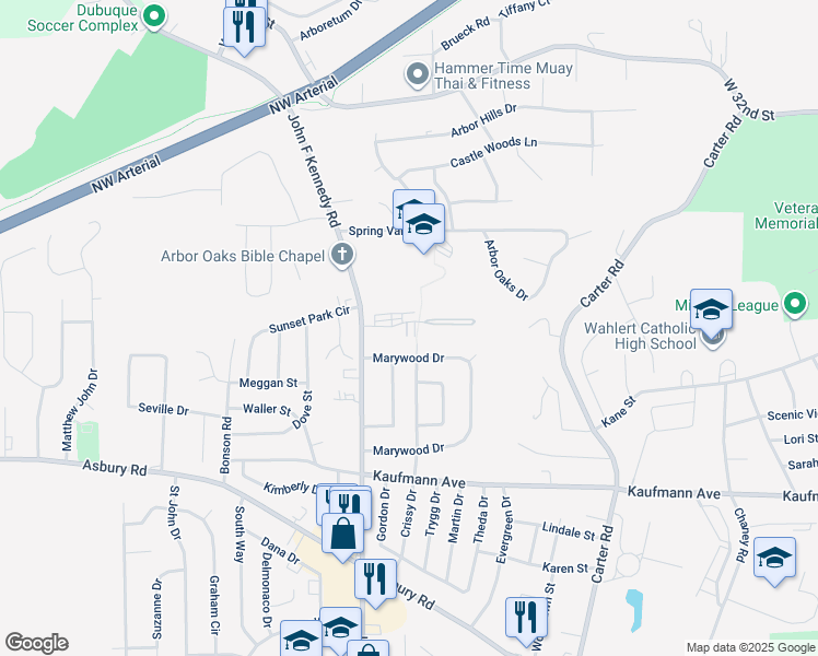map of restaurants, bars, coffee shops, grocery stores, and more near 2672 Raven Oaks Dr in Dubuque
