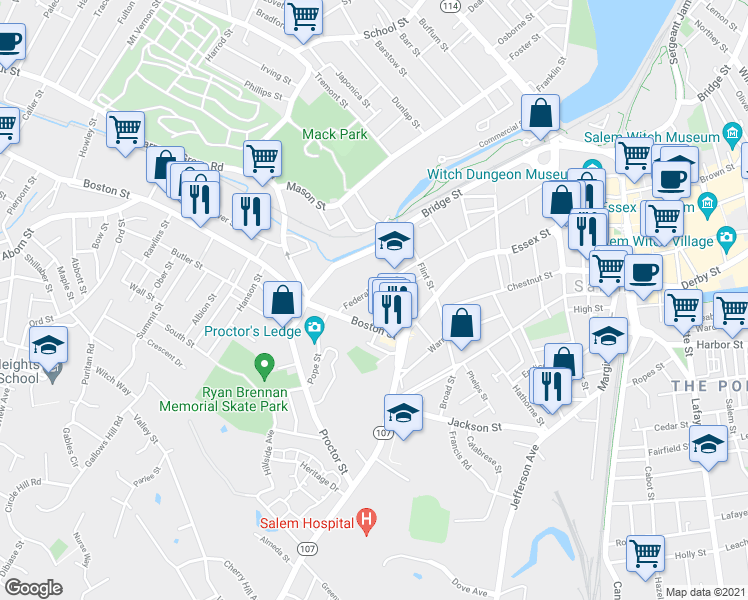 map of restaurants, bars, coffee shops, grocery stores, and more near 177-179 Federal Street in Salem
