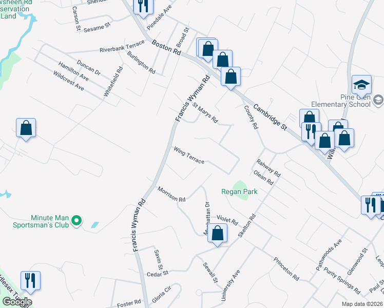 map of restaurants, bars, coffee shops, grocery stores, and more near 8 Wing Terrace in Burlington