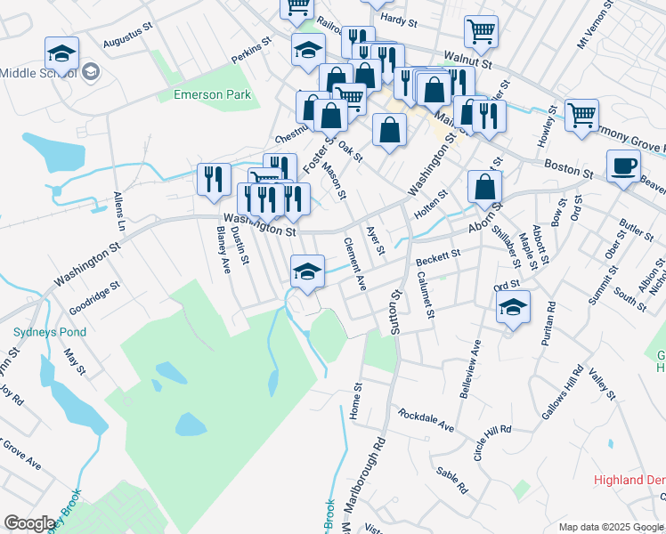 map of restaurants, bars, coffee shops, grocery stores, and more near 23 Parsons Street in Peabody