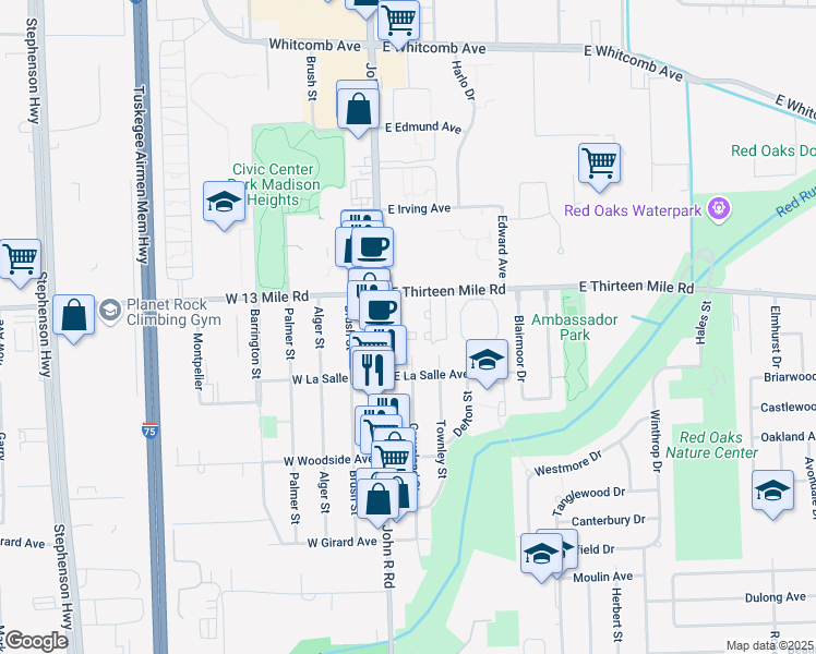 map of restaurants, bars, coffee shops, grocery stores, and more near 30816 John R Road in Madison Heights