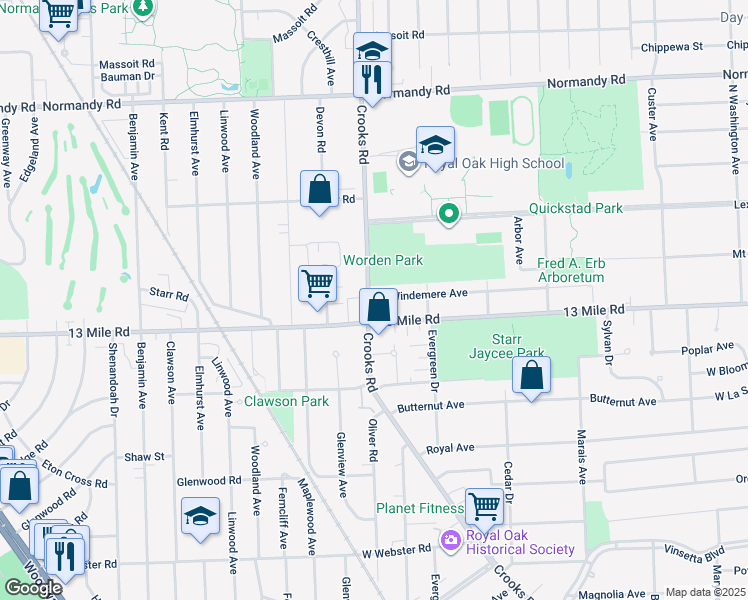 map of restaurants, bars, coffee shops, grocery stores, and more near 3314 Crooks Road in Royal Oak
