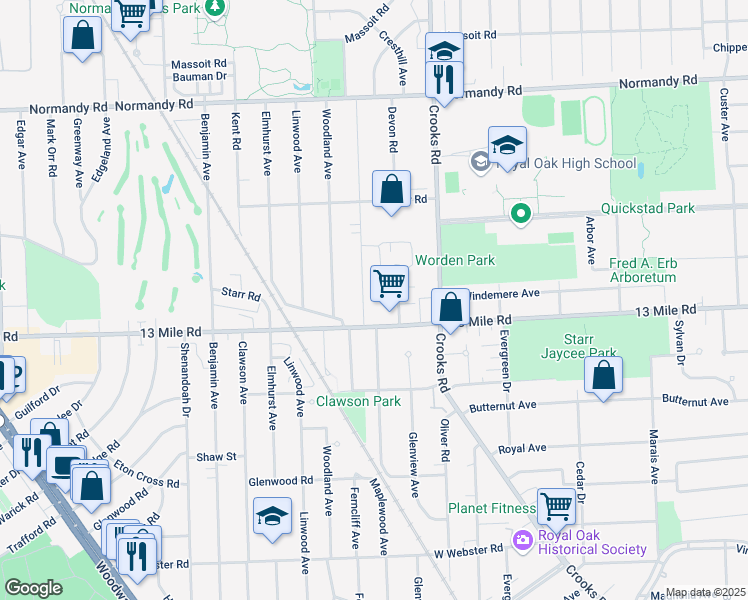 map of restaurants, bars, coffee shops, grocery stores, and more near 3408 Durham Road in Royal Oak