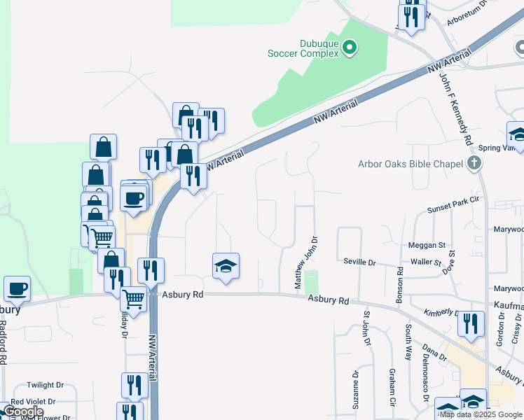 map of restaurants, bars, coffee shops, grocery stores, and more near 2539 Millstone Drive in Dubuque