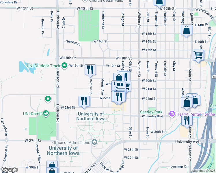 map of restaurants, bars, coffee shops, grocery stores, and more near 2030 Merner Avenue in Cedar Falls