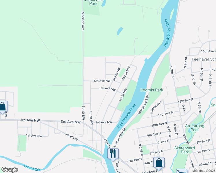 map of restaurants, bars, coffee shops, grocery stores, and more near 507 3rd Street Northwest in Fort Dodge