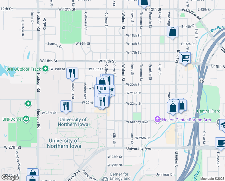 map of restaurants, bars, coffee shops, grocery stores, and more near 2019 Olive Street in Cedar Falls