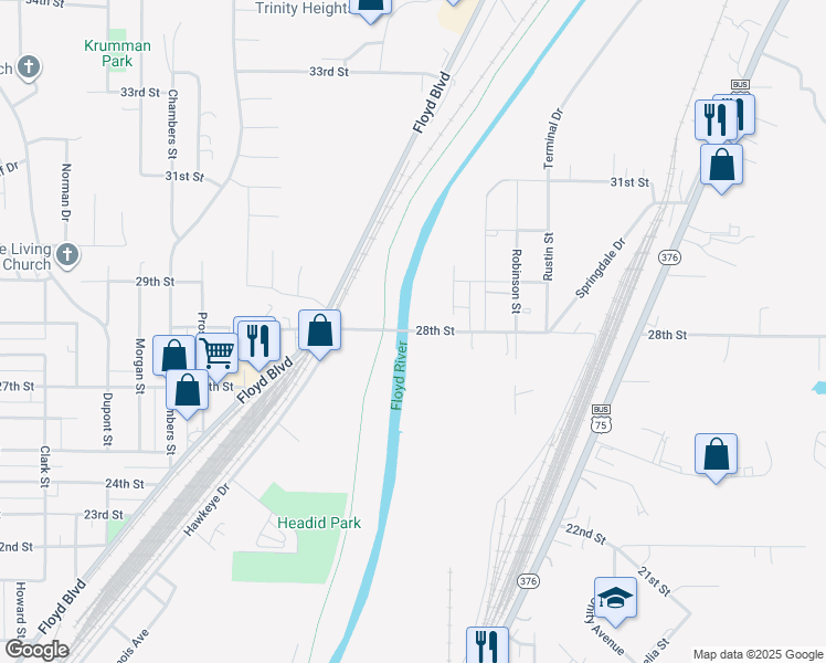 map of restaurants, bars, coffee shops, grocery stores, and more near 2620 28th Street in Sioux City