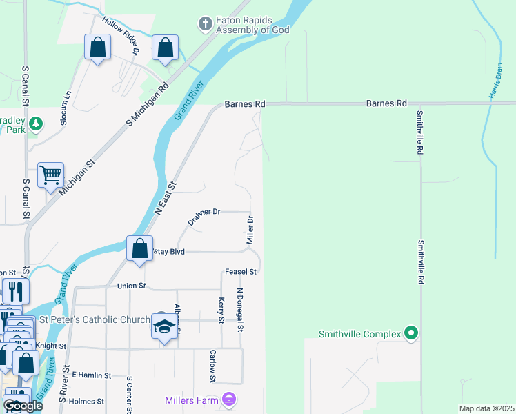 map of restaurants, bars, coffee shops, grocery stores, and more near 700 North Miller Drive in Eaton Rapids