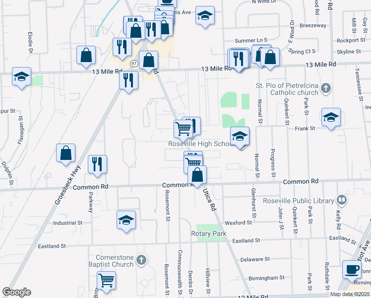 map of restaurants, bars, coffee shops, grocery stores, and more near 30252 Wedgewood cr in Roseville