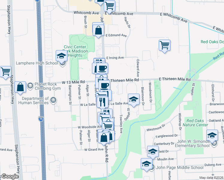 map of restaurants, bars, coffee shops, grocery stores, and more near 30816 John R Road in Madison Heights
