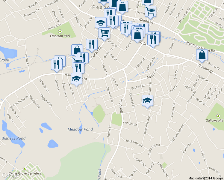 map of restaurants, bars, coffee shops, grocery stores, and more near 15 Putnam St in Peabody