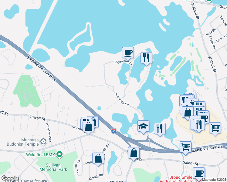 map of restaurants, bars, coffee shops, grocery stores, and more near 95 Audubon Road in Wakefield