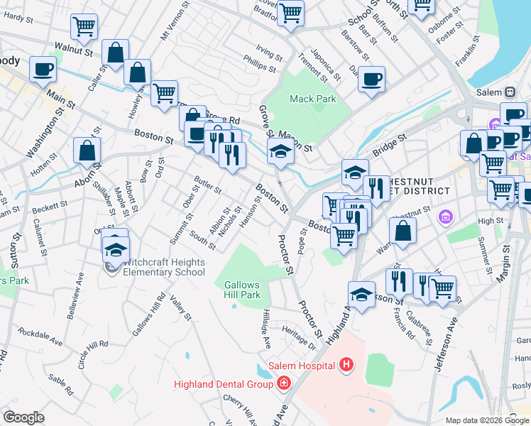 map of restaurants, bars, coffee shops, grocery stores, and more near 19 Putnam Street in Salem