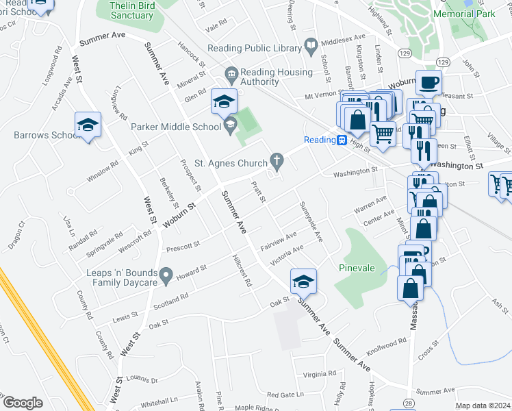 map of restaurants, bars, coffee shops, grocery stores, and more near 105 Prescott Street in Reading