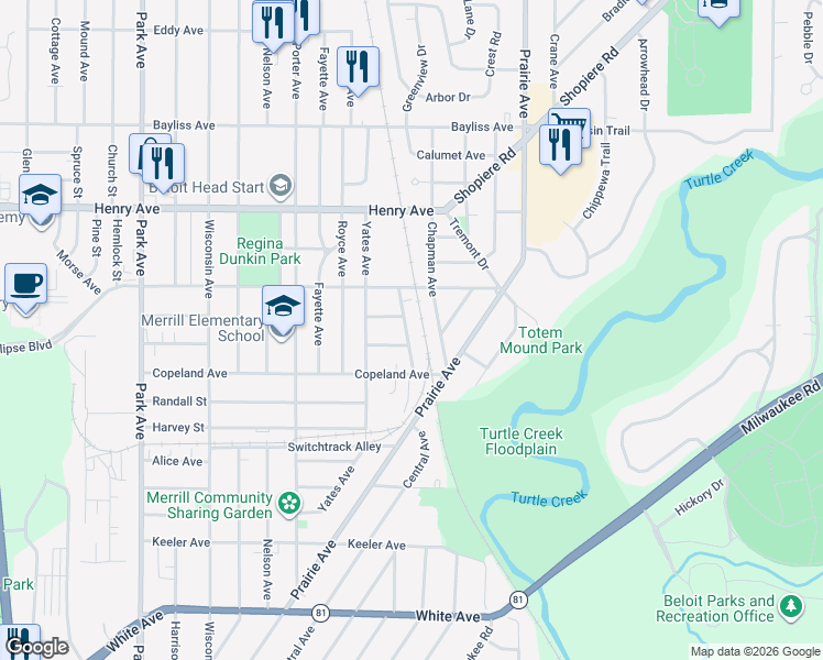 map of restaurants, bars, coffee shops, grocery stores, and more near 1645 Sherman Avenue in Beloit