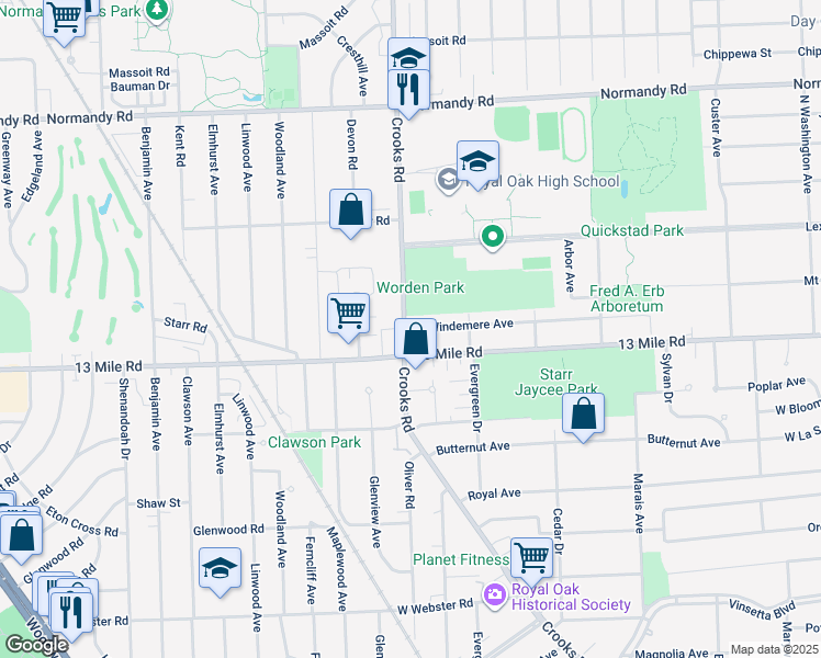 map of restaurants, bars, coffee shops, grocery stores, and more near 3314 Crooks Road in Royal Oak