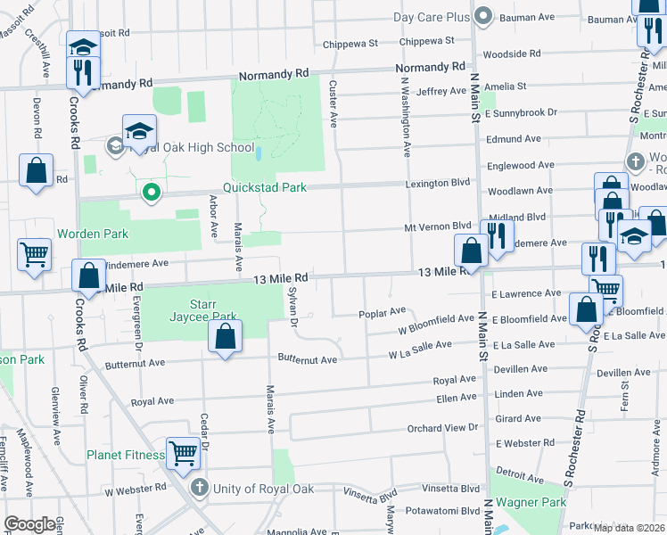 map of restaurants, bars, coffee shops, grocery stores, and more near 612 13 Mile Road in Royal Oak