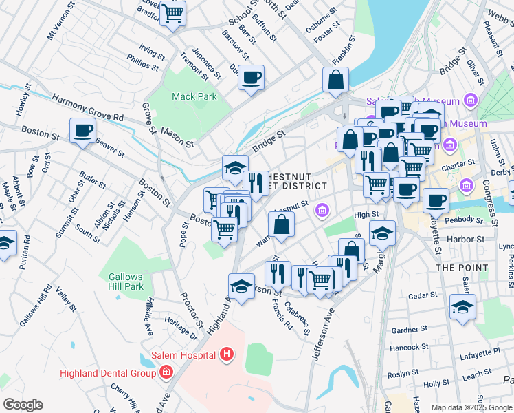 map of restaurants, bars, coffee shops, grocery stores, and more near 388 Essex Street in Salem