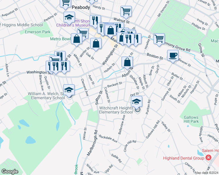map of restaurants, bars, coffee shops, grocery stores, and more near 9 Beckett Street in Peabody