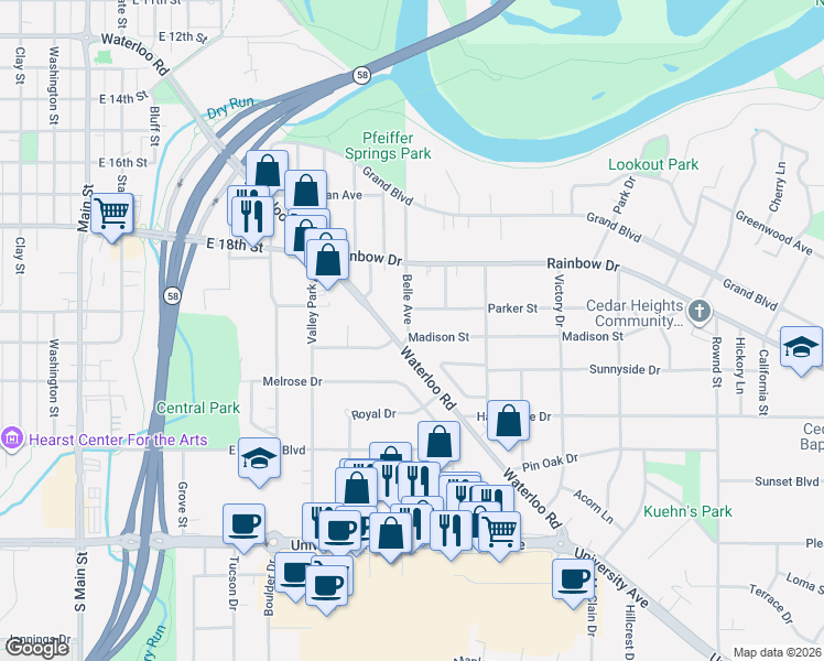 map of restaurants, bars, coffee shops, grocery stores, and more near 1104 Madison Street in Cedar Falls