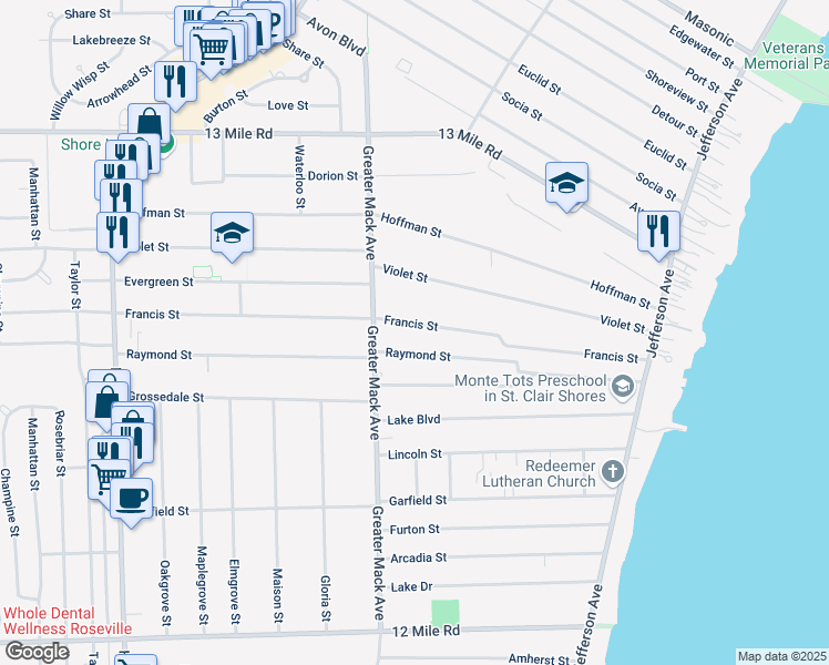 map of restaurants, bars, coffee shops, grocery stores, and more near 22442 Francis Street in St. Clair Shores