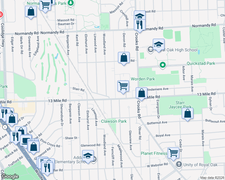map of restaurants, bars, coffee shops, grocery stores, and more near 3412 Woodland Avenue in Royal Oak
