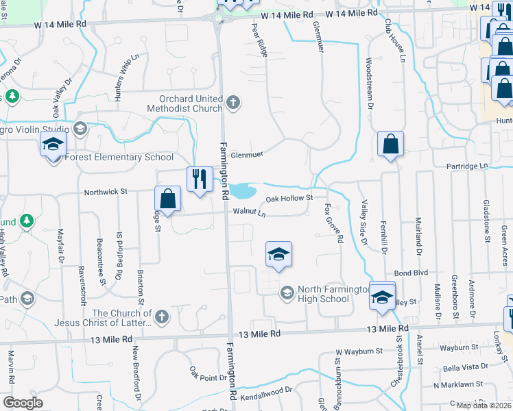 map of restaurants, bars, coffee shops, grocery stores, and more near 33260 Oak Hollow Street in Farmington Hills