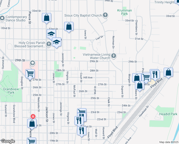 map of restaurants, bars, coffee shops, grocery stores, and more near 1200 1/2 28th Street in Sioux City