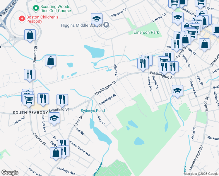 map of restaurants, bars, coffee shops, grocery stores, and more near 272 Washington Street in Peabody