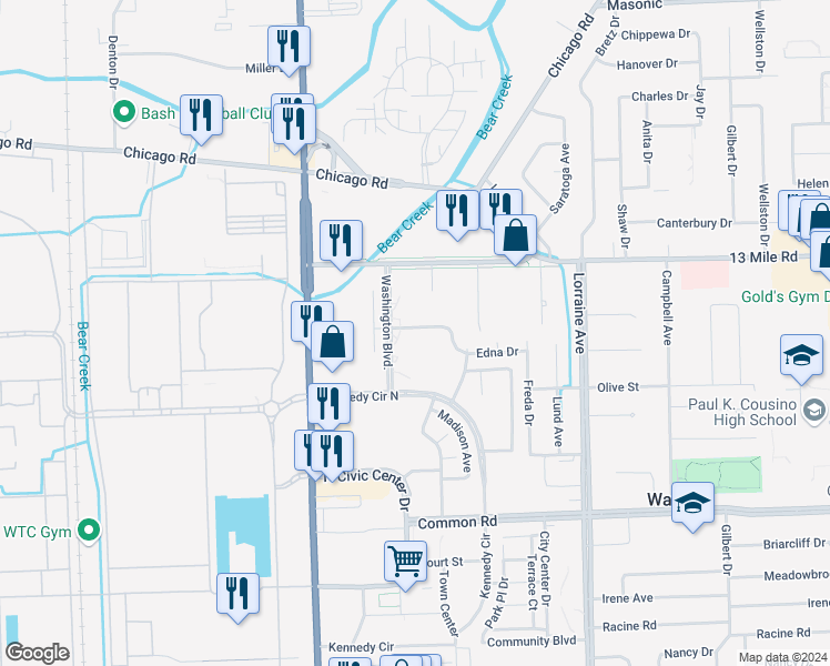map of restaurants, bars, coffee shops, grocery stores, and more near 8224 Karam Boulevard in Warren
