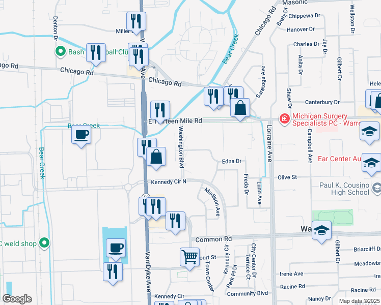 map of restaurants, bars, coffee shops, grocery stores, and more near 8224 Karam Boulevard in Warren