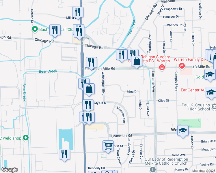 map of restaurants, bars, coffee shops, grocery stores, and more near 8224 Karam Boulevard in Warren
