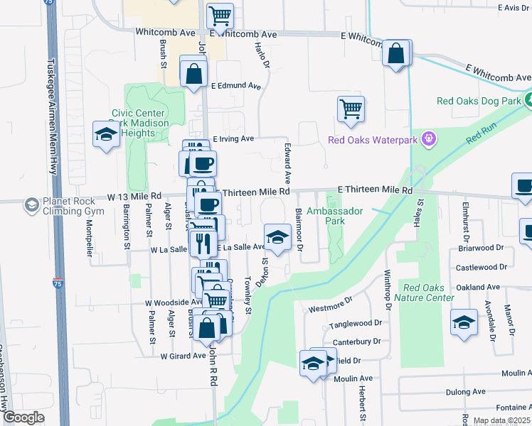 map of restaurants, bars, coffee shops, grocery stores, and more near 340 East Thirteen Mile Road in Madison Heights