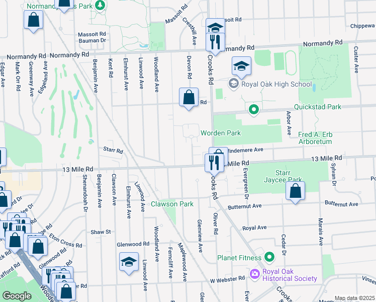 map of restaurants, bars, coffee shops, grocery stores, and more near 3408 Durham Road in Royal Oak