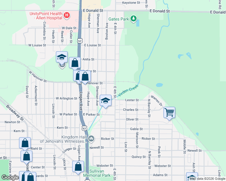 map of restaurants, bars, coffee shops, grocery stores, and more near 2200-2370 East 4th Street in Waterloo