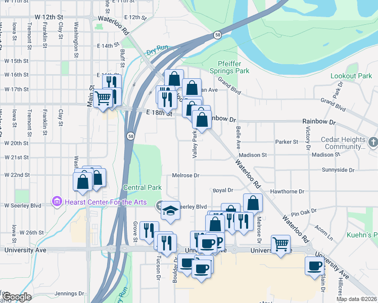 map of restaurants, bars, coffee shops, grocery stores, and more near 2029 Valley Park Drive in Cedar Falls