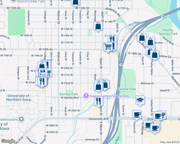 map of restaurants, bars, coffee shops, grocery stores, and more near 2022 Clay Street in Cedar Falls