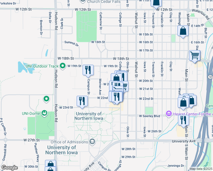 map of restaurants, bars, coffee shops, grocery stores, and more near 2030 Merner Avenue in Cedar Falls