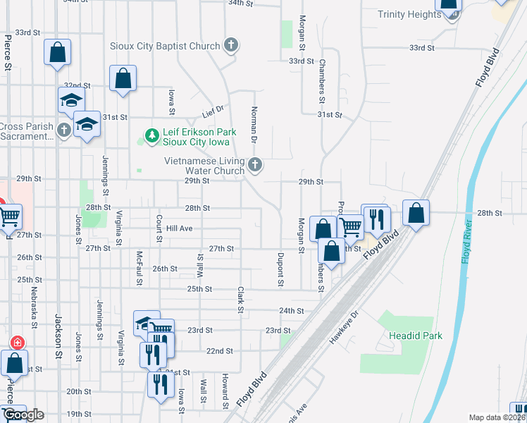 map of restaurants, bars, coffee shops, grocery stores, and more near 2719-2799 Lafayette Street in Sioux City