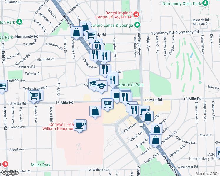 map of restaurants, bars, coffee shops, grocery stores, and more near 31157 Woodward Avenue in Royal Oak