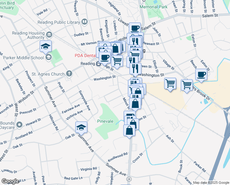 map of restaurants, bars, coffee shops, grocery stores, and more near 10 Warren Avenue in Reading