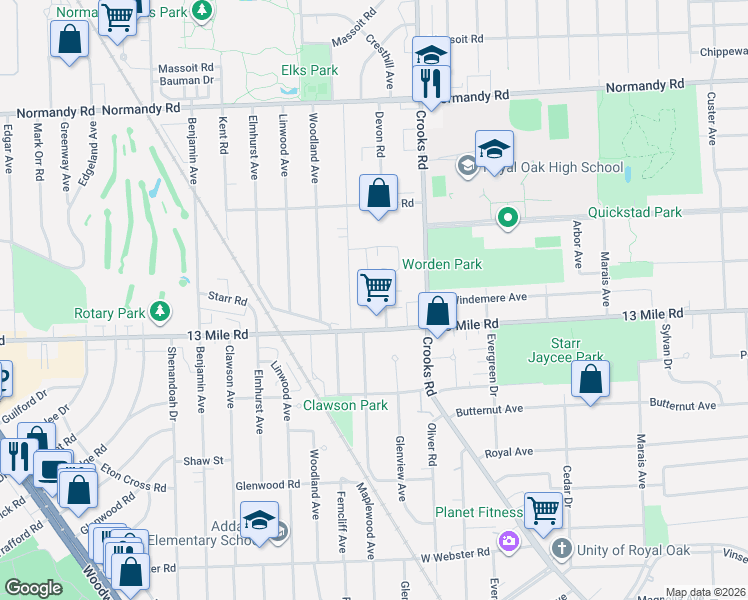 map of restaurants, bars, coffee shops, grocery stores, and more near 3408 Durham Road in Royal Oak