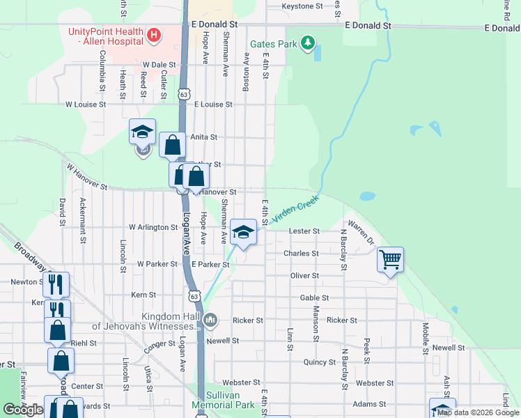 map of restaurants, bars, coffee shops, grocery stores, and more near 2200-2370 East 4th Street in Waterloo