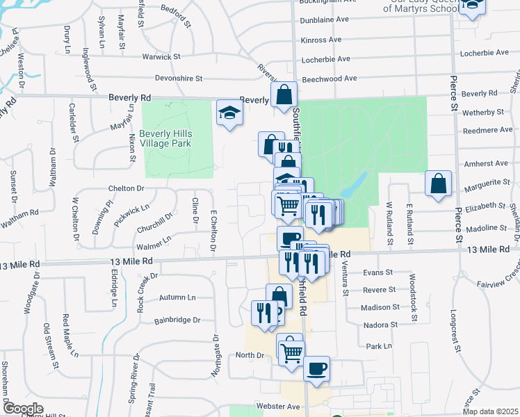 map of restaurants, bars, coffee shops, grocery stores, and more near 31065 Huntley Square in Beverly Hills