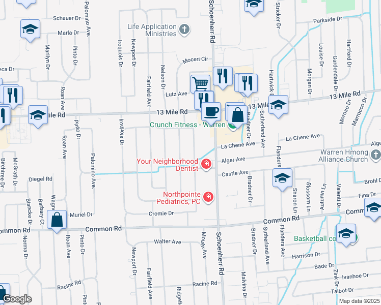map of restaurants, bars, coffee shops, grocery stores, and more near 30567 Moulin Avenue in Warren