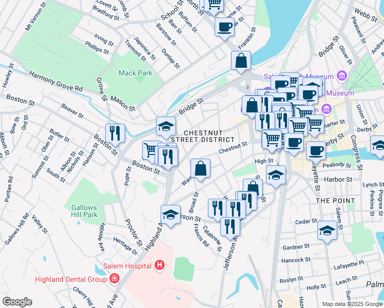 map of restaurants, bars, coffee shops, grocery stores, and more near 387 Essex Street in Salem