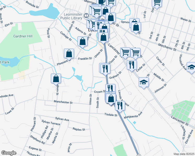 map of restaurants, bars, coffee shops, grocery stores, and more near 13 Graham Street in Leominster